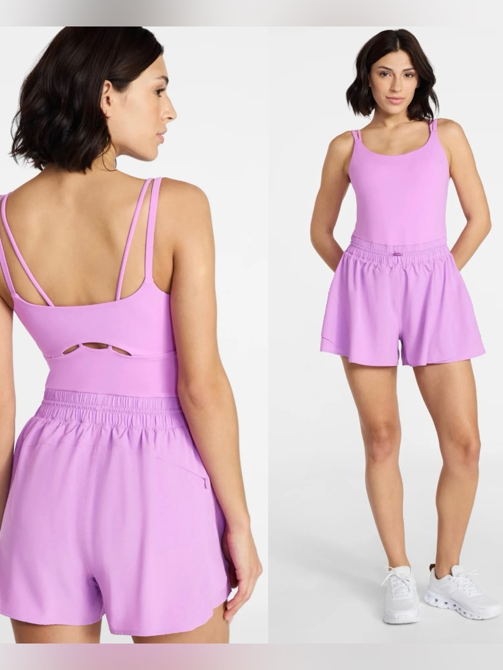 Avia Women’s Cinched Waist Romper Medium Purple Pink Activewear Built-In Bra NWT